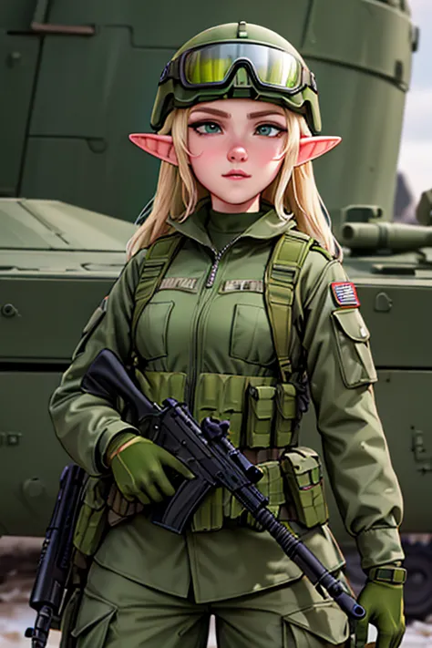 1female elf ,elfa militar,vestimenta militar,green camouflage uniform and wearing a helmet with goggles,holding firearm in your ...