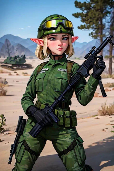 1female elf ,elfa militar,vestimenta militar,green camouflage uniform and wearing a helmet with goggles,holding firearm in your hands, parecendo estar pronta para o combate. The image depicts a military female elf, com um semblante determinado, positioned ...