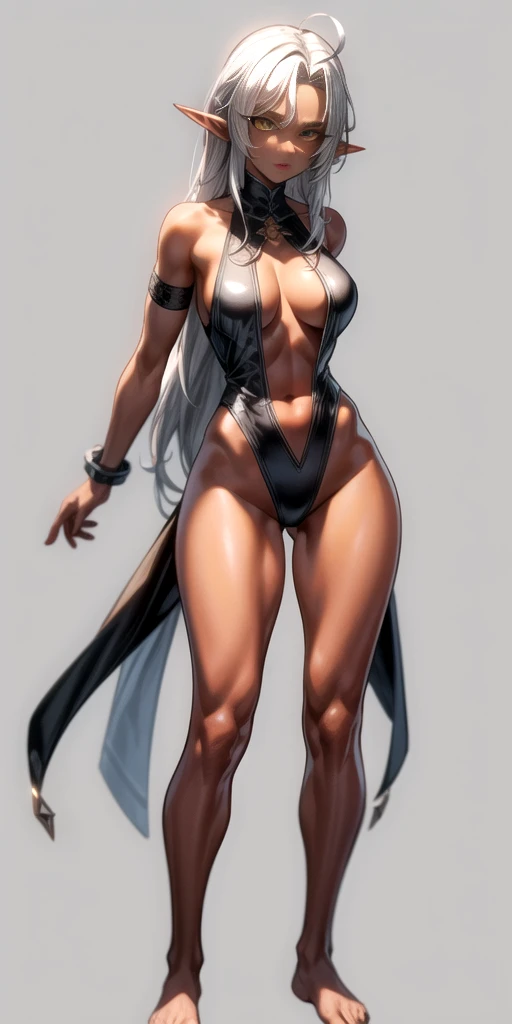 (Masterpiece, plain background:1.2) Female full body, standing straight symmetrical feet together, blood dark elf, dark skin, long messy white hair, 2longs elf ears, circlet, yellow eyes, 1990s (style), female 1sologirl