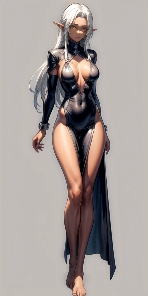 (Masterpiece, plain background:1.2) Female full body, standing straight symmetrical feet together, blood dark elf, dark skin, long messy white hair, 2longs elf ears, circlet, yellow eyes, 1990s (style), female 1sologirl