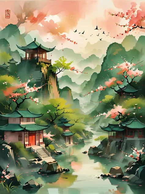 (chinese landscape), abstract painting, (zen, amy sol style), (spring, green trees, peach blossom, creek, chinese architecture),...