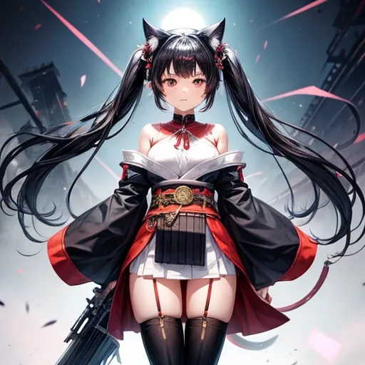 A black-haired woman wearing a shrine maiden outfit with slits in the legs holding a revolver　　Upper body fluttering　Thigh-high boots　Dark blue hair girl, Cat ears and tail, 　Loli body type　　Twin tails　　　　Flat Chest　　Butt details　Have a Gatling gun　Eyes li...