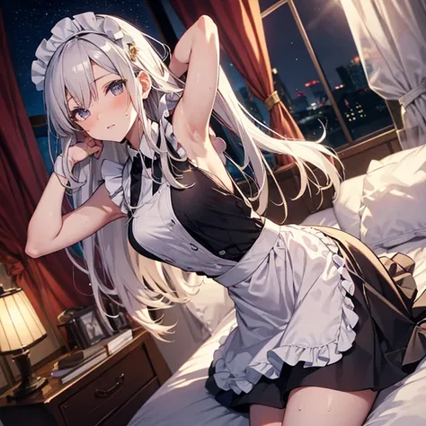 A  maid, (in bedroom), various hair styles, harem, night, details face, short skirt, seducing, sleeveless, sweaty armpits 