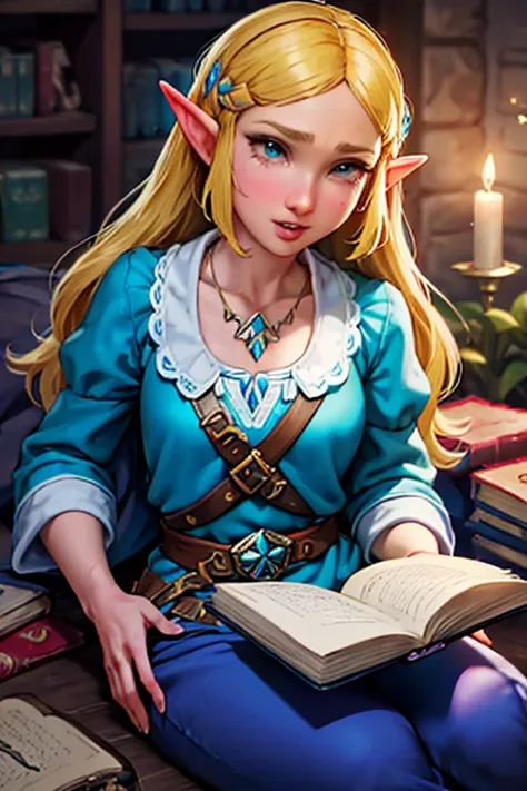 princess zelda, 1 garota, artist request, cinto, cabelo loiro, camisa azul, livro, botas, inexpressivo, corpo todo, olhos verdes...