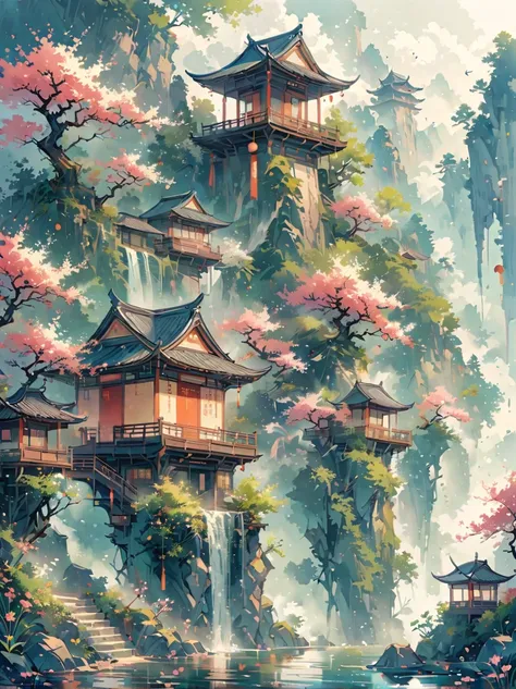 (Chinese Landscape), (abstract), (Zen, Amy Sol Style), ((spring, Green Trees, Peach Blossom, Creek, Chinese Architecture)), 轻度abstract的封面艺术, Simple vector art, Contemporary Chinese Art, Color gradient, Soft tones, Hierarchical form, Whimsical animation, 空灵...