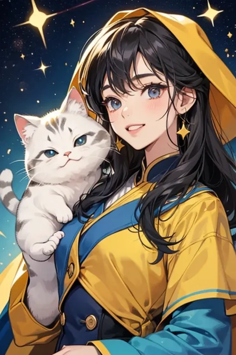 Bokuhoshitchi has a star-shaped head with oval-shaped eyes, a curvy cat-like mouth, and a tuft of hair on hER forehead. HER skin is light-blue, and She wears a dark blue suit with a yellow star on the front, and a yellow cape with an orange stripe down the...