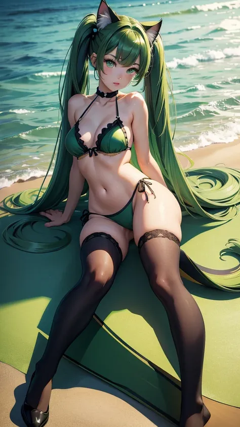 (high resolution, full body, soft skin:1.2, green twin tail),(best illustration,masterpiece:1.2),ultra-detailed,[(cat ears , green inside:1.2, green eyes),vivid colors,sharp focus,portrait,studio lighting,bokeh, wearing a 2 piece black bikini, midnight bea...