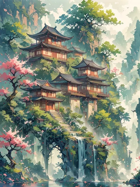 (Chinese Landscape), (abstract), (Zen, Amy Sol Style), ((spring, Green Trees, Peach Blossom, Creek, Chinese Architecture)), 轻度abstract的封面艺术, Simple vector art, Contemporary Chinese Art, Color gradient, Soft tones, Hierarchical form, Whimsical animation, 空灵...