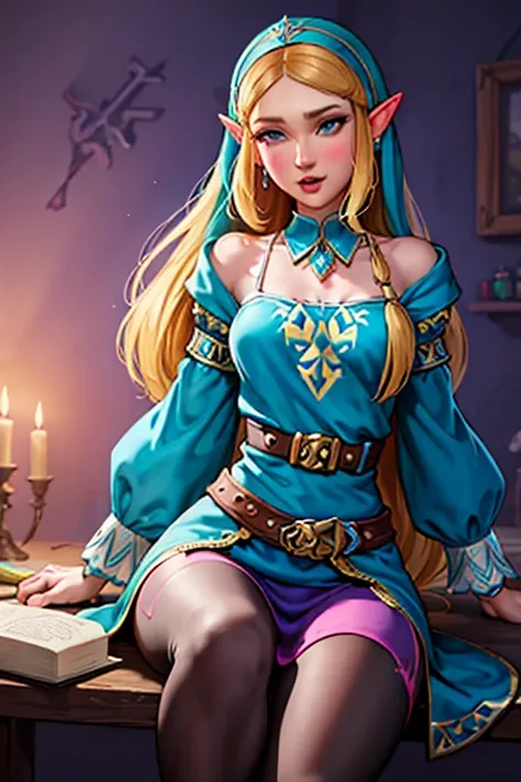 princess zelda, 1 garota, artist request, cinto, cabelo loiro, camisa azul, livro, Botas, inexpressivo, corpo todo, olhos verdes, high resolution, olhando para o espectador, Magia, nintendo, pants, Orelhas pontudas, camisa, cabelo curto, fundo simples, Soz...