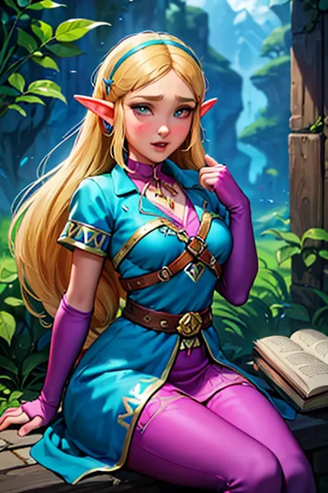 princess zelda, 1 garota, artist request, cinto, cabelo loiro, camisa azul, livro, botas, inexpressivo, corpo todo, olhos verdes...