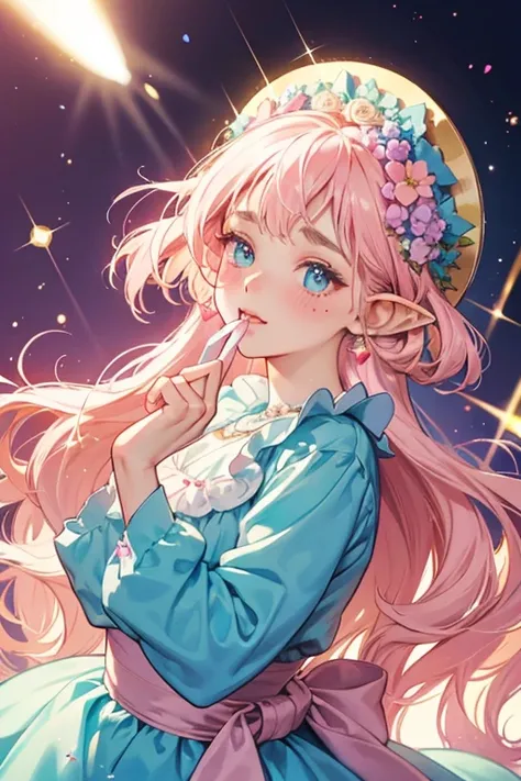 Bouquetchi has light pink skin, oval-shaped eyes with heart-shaped reflections, a cat-like mouth, pink blush spots, and drooping pointed ears. She wears a light blue bonnet, and she has an assortment of colorful flowers on top of her head. SPARKLE; GLITTER