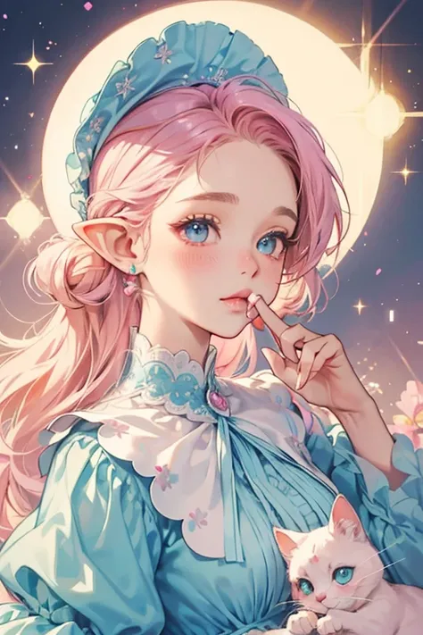 Bouquetchi has light pink skin, oval-shaped eyes with heart-shaped reflections, a cat-like mouth, pink blush spots, and drooping pointed ears. She wears a light blue bonnet, and she has an assortment of colorful flowers on top of her head. SPARKLE; GLITTER