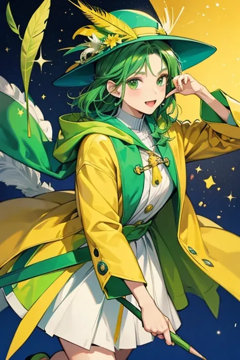 Otogitchi has a yellow body and wears a green coat that has also has a hood. SHe wears a blue green hat with a feather sticking out and is usually holding a magic crayon. SPARKLE; GLITTER