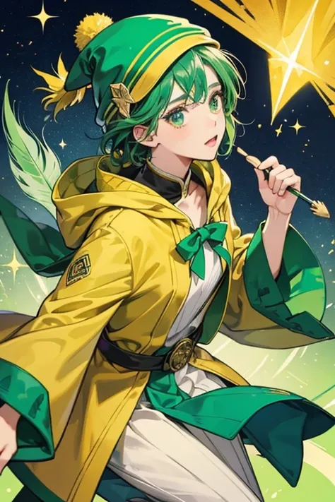 Otogitchi has a yellow body and wears a green coat that has also has a hood. SHe wears a blue green hat with a feather sticking out and is usually holding a magic crayon. SPARKLE; GLITTER