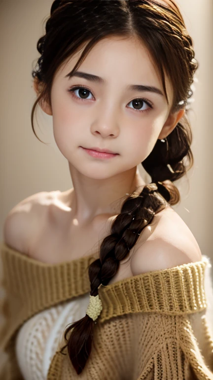 Adorable, Pure,18-year-old,   , Flat Chest,   in Japan,  (off_Shoulder sweater, Exposing shoulders), baby hair, Hair Scrunchie, French Braid,  (Suggestive:1.2),   (smile:0.2), (highest quality:1.0), (超A high resolution:1.0) ,(Photorealistic:1), (Very detai...