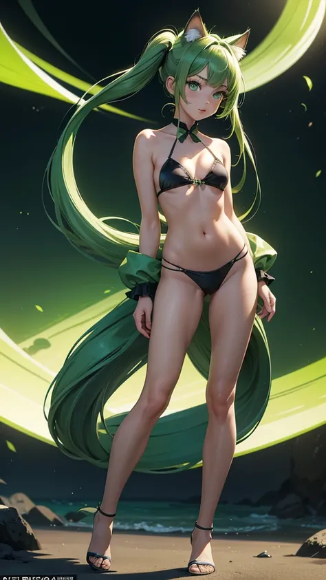 (high resolution, full body, soft skin:1.2, green twin tail),(best illustration,masterpiece:1.2),ultra-detailed,[(cat ears , green inside:1.2, green eyes),vivid colors,sharp focus,portrait,studio lighting,bokeh, wearing a 2 piece black bikini, midnight bea...