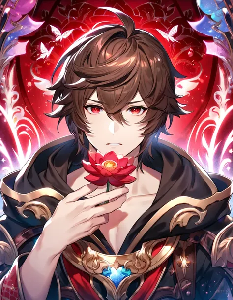 absurdres, highres, ultra detailed, HDR, master piece, best quality, Sandalphon, brown hair, expressive red eyes, granblue fantasy, solo, sexy man, handsome, patterns, magical, fantasy, red background, red lotus, shining, red petals, red sparkling butterfl...