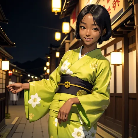 (masterpiece, best quality), deep ebony 1girl, beautiful face, freely short braids, Kyoto background , during a Japanese festival, cute female yukata, green and yellow pattern, beautify, Lofi vibe, , cute night vibe, looking to the city, hands outside of t...