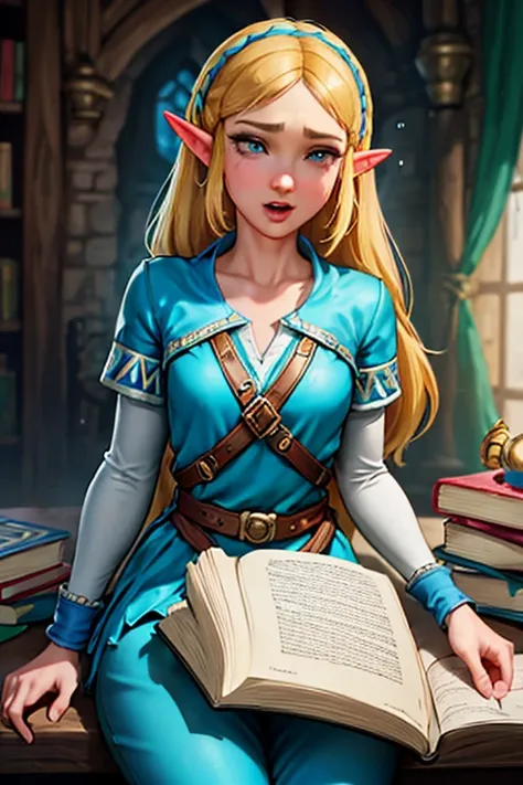 princess zelda, 1 garota, artist request, cinto, cabelo loiro, camisa azul, livro, Botas, inexpressivo, corpo todo, olhos verdes, high resolution, olhando para o espectador, Magia, nintendo, pants, Orelhas pontudas, camisa, cabelo curto, fundo simples, Soz...