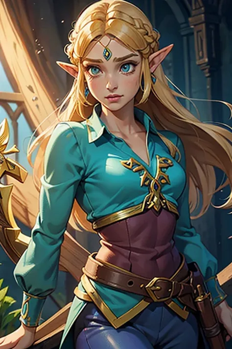 princess zelda, 1 garota, artist request, cinto, cabelo loiro, camisa azul, livro, botas, inexpressivo, corpo todo, olhos verdes...