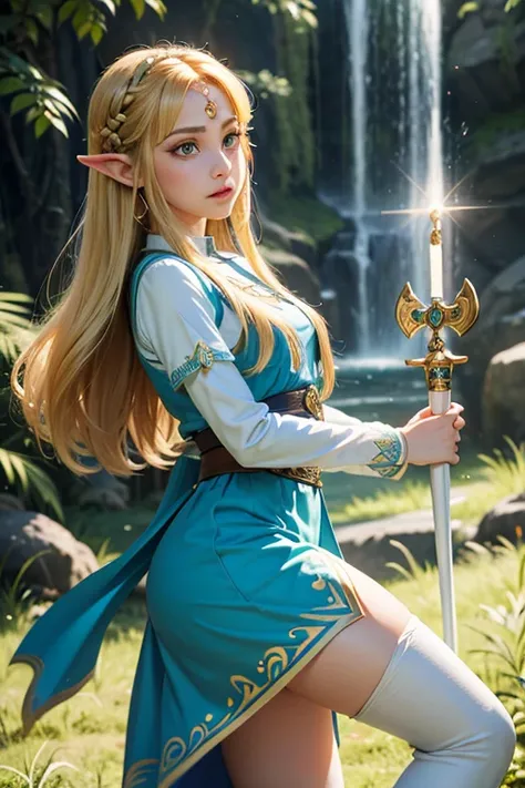 princess zelda, 1 garota, artist request, cinto, cabelo loiro, camisa azul, livro, botas, inexpressivo, corpo todo, olhos verdes...