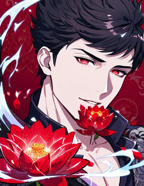 absurdres, highres, ultra detailed, HDR, master piece, best quality, Belial, black hair, expressive red eyes, granblue fantasy, solo, man, handsome, patterns, magical, fantasy, red background, red lotus, shining, red petals, red sparkling butterflies