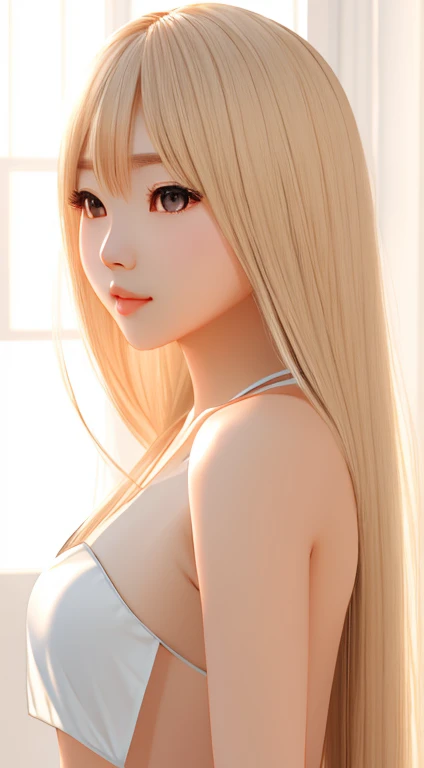 photorealistic, Japanese girl, long straight blonde hair, small bust, slim physique, delicate features, entire body, simple background, daylight, nude
