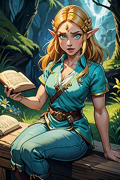 princess zelda, 1 garota, artist request, cinto, cabelo loiro, camisa azul, livro, botas, inexpressivo, corpo todo, olhos verdes...