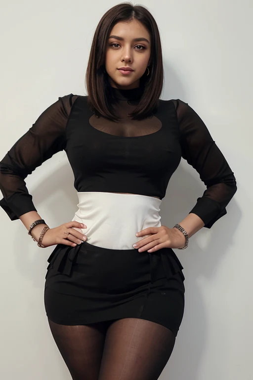 ((business clothes, white blouse, high-waist black skirt, sheer black pantyhose)), 1 girl, 25 years old, 1.8 meters height, middle parted straight bob cut, light brown hair, long eyelashes, big eyes, earrings, smiling, slender body, curvy body, busty, (fir...