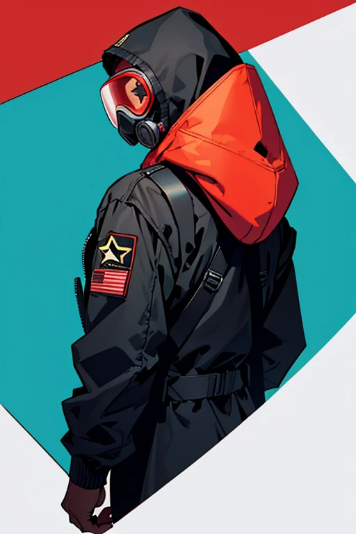 Image of subject with jacket hood black gas mask red glasses from back looking back with star background 