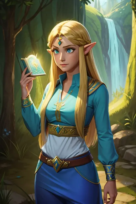 princess zelda, 1 garota, artist request, cinto, cabelo loiro, camisa azul, livro, botas, inexpressivo, corpo todo, olhos verdes...