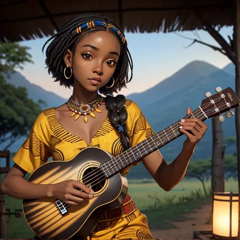 (masterpiece, best quality), deep ebony 1girl, beautiful face, freely short braids, Africa safari background , dressed with Congolese clothing,, beautify, Lofi vibe, , cute night vibe, wakanda vibe, hands outside of the picture, ukulele on the background