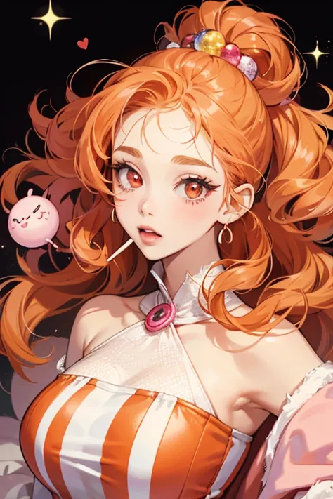 Candygurutchi is a orange Tamagotchi with a large oval head and slim body. She has oval shaped eyes with three eyelashes and two pupils, large pink cheek highlights, and orange poofy hair with three lollipops stuck inside. She additionally has five curls o...