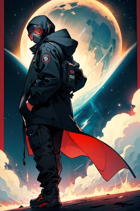 Image of a subject with a hooded jacket, black gas mask, red glasses, looking back, with a background of an orisont where the stars and the cosmos can be seen. 