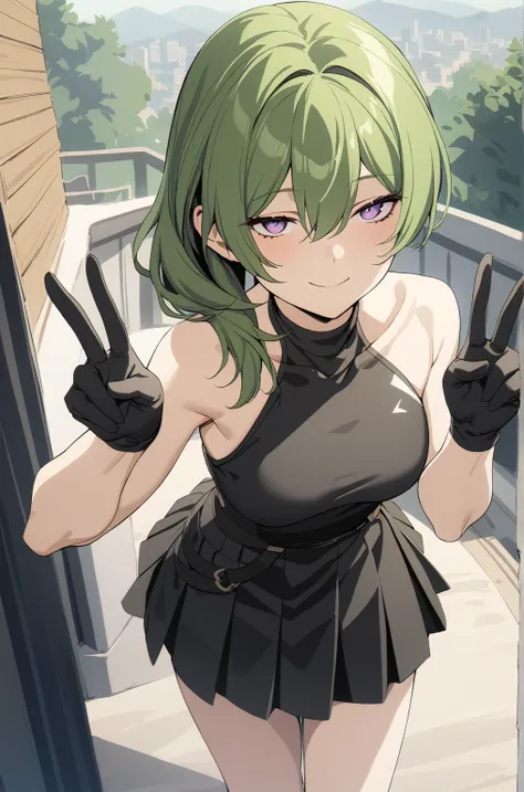 contusion,1 girl,green hair, bangs,hair between the eyes,side mao insult, purple eyes,
black necklace, clavicle, sleeveless, bla...