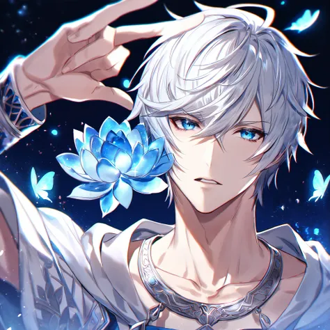 absurdres, highres, ultra detailed, HDR, master piece, best quality, Lucilius, white hair, expressive blue eyes, granblue fantasy, solo, sexy man, handsome, white tunic, patterns, magical, fantasy, blue background, blue lotus, shining, blue petals, blue sp...