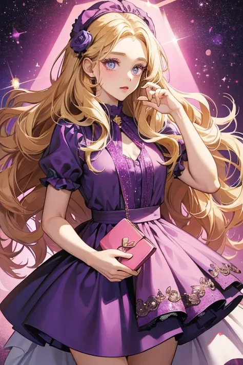 She has long curly blonde hair and wide eyes, as well as dark pink shades on her forehead. She wears a low-necked purple dresses and carries a white handbag. SPARKLE; GLITTER