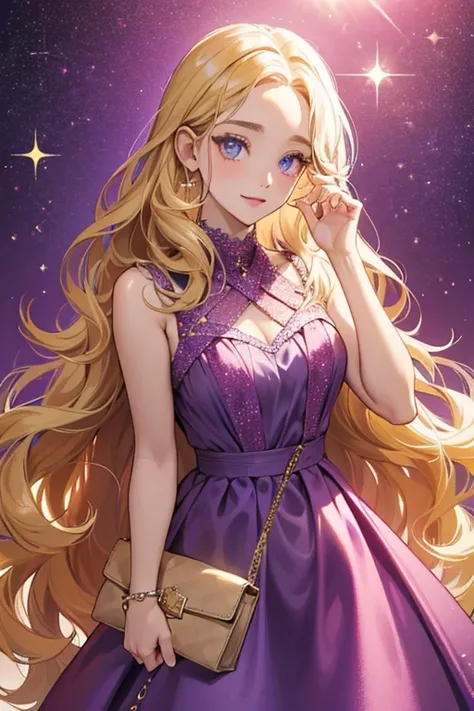 She has long curly blonde hair and wide eyes, as well as dark pink shades on her forehead. She wears a low-necked purple dresses and carries a white handbag. SPARKLE; GLITTER