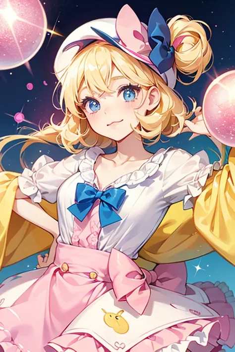 Chamametchi has pale cream skin, navy blue eyes with curled eyelashes, pink cheeks, and a curvy mouth like a cats. She wears a pink mame cap with a yellow bow, white bottoms, and a pink shirt similar to a petticoat. SPARKLE; GLITTER