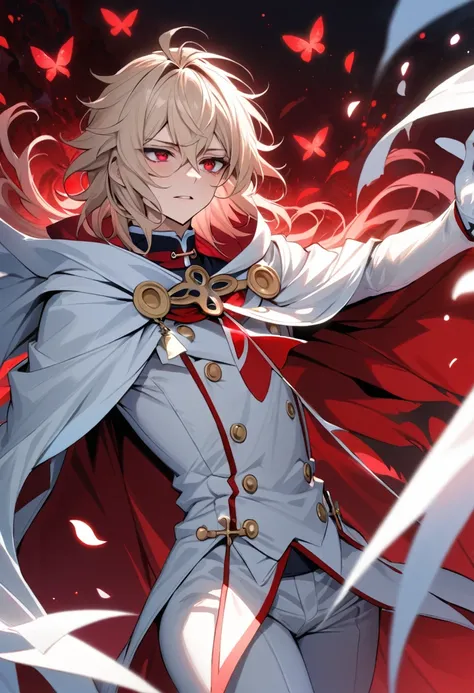 Ultra detailed, HDR, Highres, absurdres, master piece, Mika Hyakuya, wavy blond hair, expressive red eyes, white cape, Owari No Seraph, white vampire clothes, red glittering butterflies, petals, fantasy, red roses, sexy man, solo, extremely detailed face a...