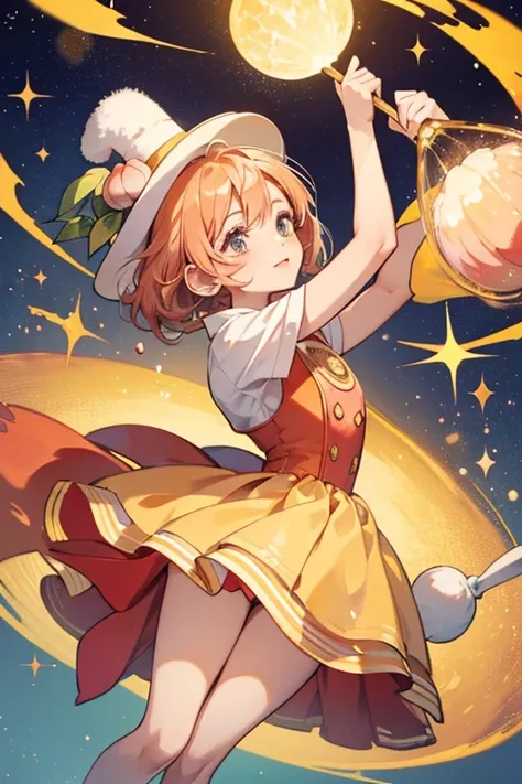 Chantotchi has a round, peach-colored head and body. She wears a yellow hat with small, round ears, a red dress and dark blue stockings. SPARKLE; GLITTER