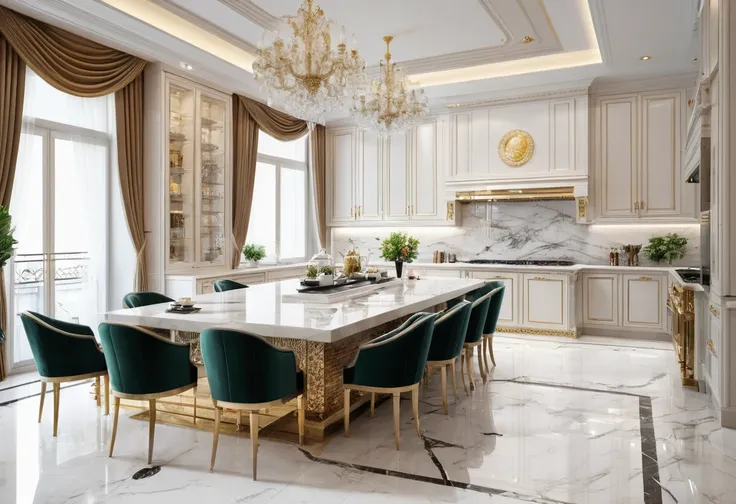 masterpiece, modern kitchen space, luxurious, aristocratic interior design, royal space, ((super detail :1.3))), neoclassical style design, neoclassical interior Modern blend, kitchen interior space with tables and chairs, kitchen details, luxurious aristo...