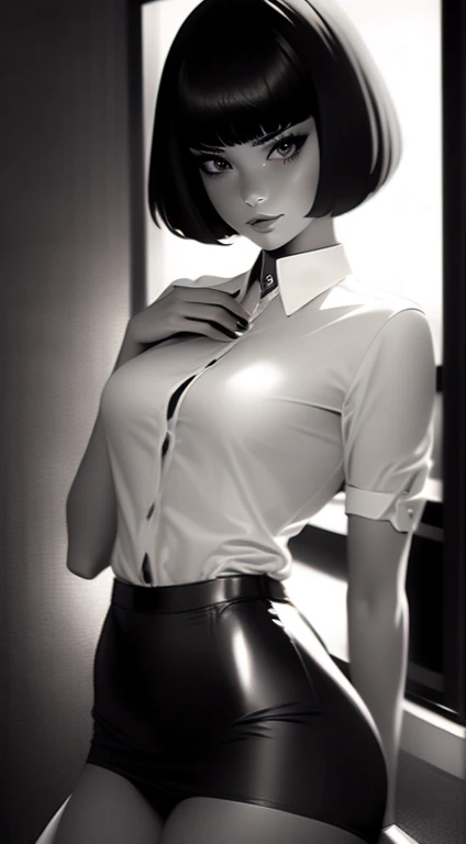 Beautiful 20yr old girl, short hair and bangs, detailed, toned body,  femme fatale, Noir et blanc, monochrome, looking at viewer, secretary outfit