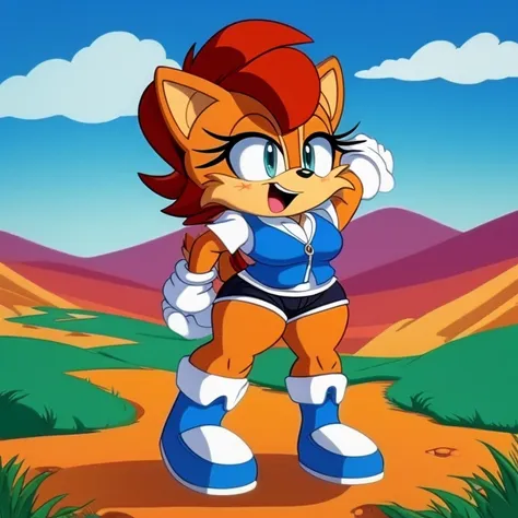 a nostalgic scene from the 1980s animation aesthetic, featuring sonic the hedgehog's iconic friend, sally acorn. she stands conf...