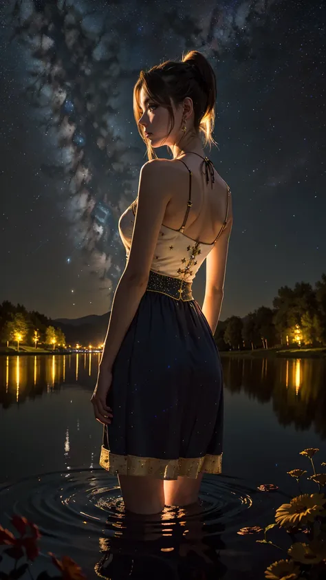 Break Bloodfallen, Break costume, ponytail, Outdoor, (night, Starry Sky:1.2), masterpiece, Put your arms behind your back, highest quality, One girl, whole body, Mouth closed, lake, reflection, Outdoor, formula wallpaper