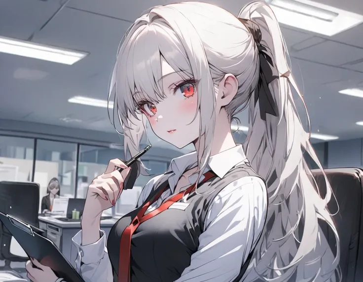 beautiful woman, white skin, white hair tied in a high ponytail, crimson red eyes. Office clothes, white shirt and black pencil skirt. with a clipboard in his hand, in a work office