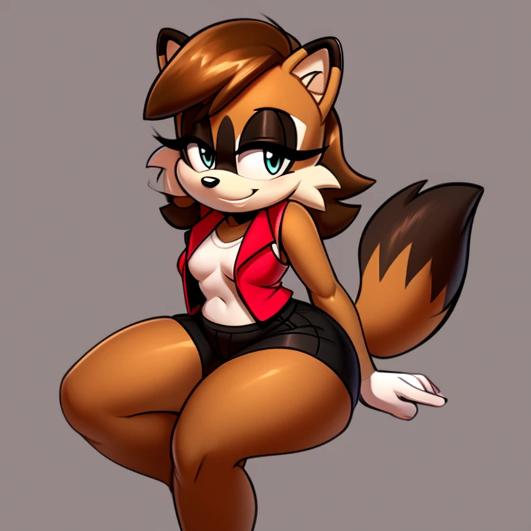 Female, Mobian, raccoon, smile, small breasts, wearing red vest, wearing black shorts, has thick thighs, sitting down and doing a pin up pose,