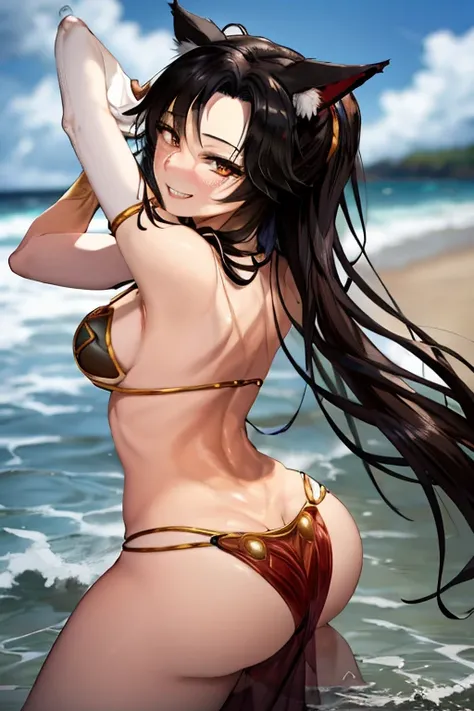 masterpiece, best quality, beautiful art, high resolution, well formed hands, body and fingers, 1 woman, solo, Imaizumi Kagerou, wolf ears and wolf tail, wearing a slave Leia outfit , pelvic curtain, long hair,, adult, grown up, big breasted, cleavage, ful...