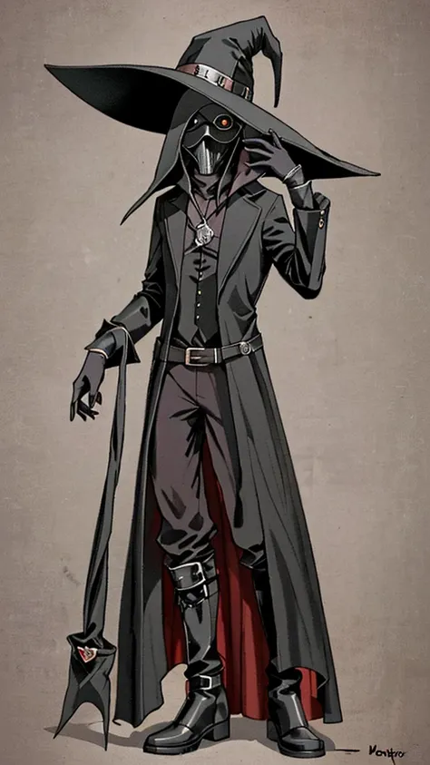 typical plague doctor outfit, que inclui um longo manto preto, luvas de couro, botas altas, and the iconic wide-brimmed hat. the...