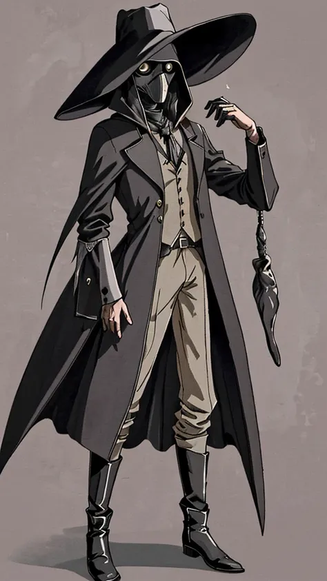 typical plague doctor outfit, que inclui um longo manto preto, luvas de couro, botas altas, and the iconic wide-brimmed hat. the...